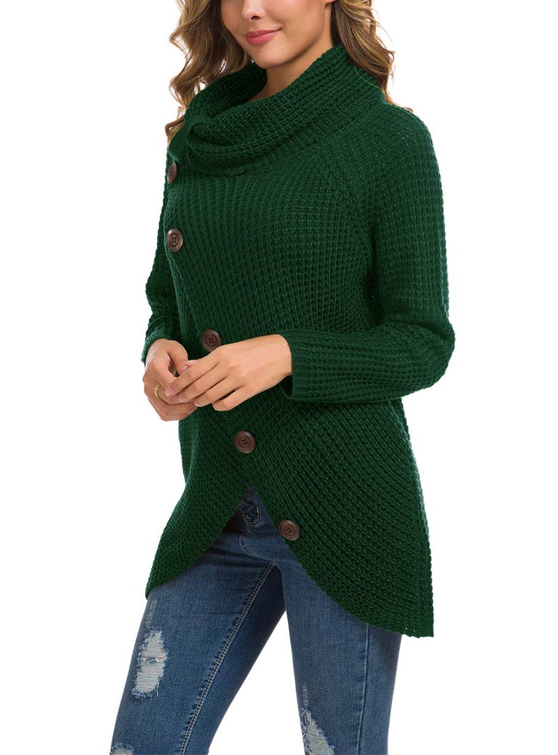 GRECERELLE Women's Fall Chunky Turtleneck Long Sleeve Asymmetric Hem Loose Knit Pullover Sweaters Tops, Dark Green, M - Image 3